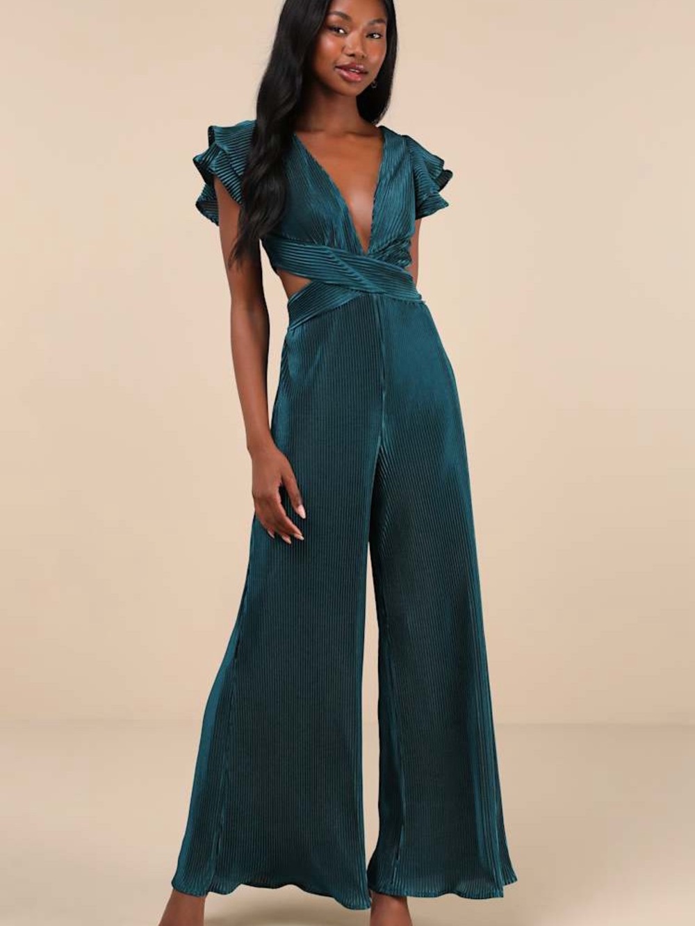 Lulu's Teal Pleated V-Neck Jumpsuit with Ruffle Detail - Picture 4 of 5